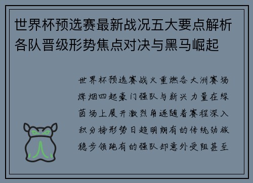 世界杯预选赛最新战况五大要点解析各队晋级形势焦点对决与黑马崛起