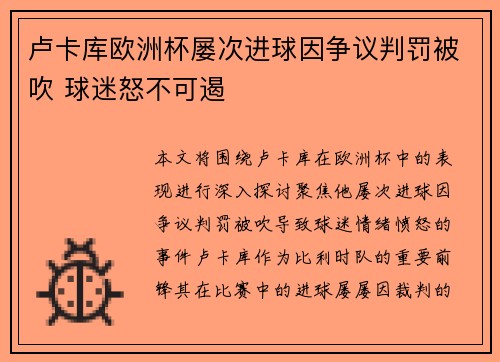 卢卡库欧洲杯屡次进球因争议判罚被吹 球迷怒不可遏