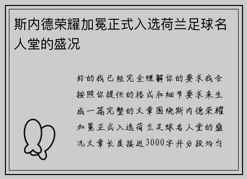 斯内德荣耀加冕正式入选荷兰足球名人堂的盛况